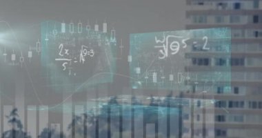 Yüksek binalara karşı matematiksel denklemlerle istatistiksel veri işleme ve ekranlar. küresel iş ve teknoloji kavramı