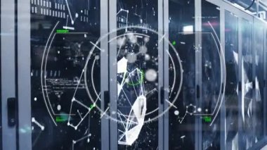 Bilgisayar sunucuları üzerinden bağlantı ağının animasyonu. küresel ağlar, hesaplama, veri işleme ve dijital arayüz kavramı dijital olarak oluşturuldu.