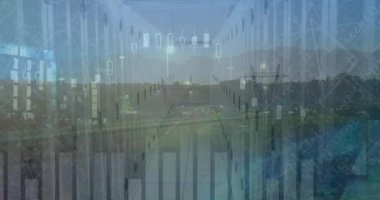 Şehirdeki finansal veri işleme ve sunucu odasının animasyonu. küresel iş, finans ve dijital arayüz kavramı dijital olarak oluşturulmuş video.