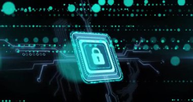 Siyah arka planda veri işleme ve asma kilit animasyonu. dijital arayüz ve veri işleme kavramı dijital olarak oluşturuldu.