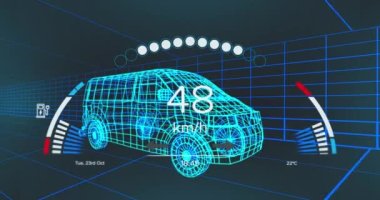 Donanma arka planındaki elektrikli minibüs projesinde hız göstergesi animasyonu. elektrikli araba, yeşil enerji, eko güç, sürdürülebilirlik ve teknoloji konsepti dijital olarak oluşturulmuş video.