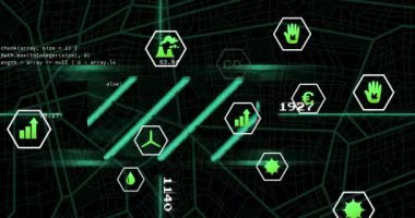 Siyah arkaplanda veri işleme ve ekoloji simgelerinin animasyonu. dijital arayüz ve veri işleme kavramı dijital olarak oluşturuldu.