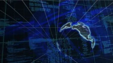 Veri işleme ve dünya üzerindeki ışık yollarının animasyonu. küresel teknoloji, bağlantılar ve dijital arayüz konsepti dijital olarak oluşturulmuş video.