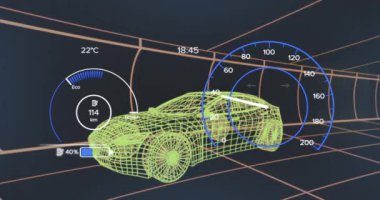 Donanma arka planındaki elektrikli araba projesinde hız göstergesi animasyonu. elektrikli araba, yeşil enerji, eko güç, sürdürülebilirlik ve teknoloji konsepti dijital olarak oluşturulmuş video.