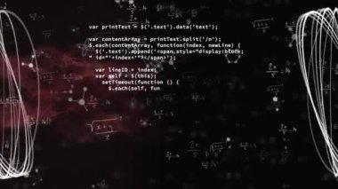 Siyah arkaplanda veri işleme ve şekillerin animasyonu. küresel bilim ve dijital arayüz kavramı dijital olarak oluşturulmuş video.