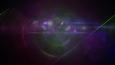 Dijital dalgaların dijital animasyonu ve mor arka planda ışık lekeleri. gece hayatı ve disko konsepti