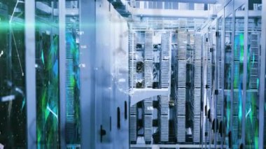 Bilgisayar sunucuları üzerinden bağlantı ağının animasyonu. küresel ağlar, hesaplama, veri işleme ve dijital arayüz kavramı dijital olarak oluşturuldu.