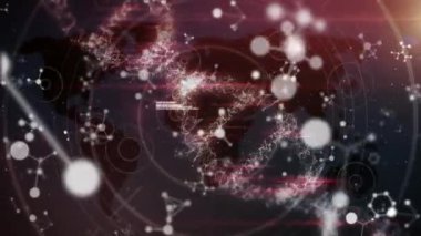 Dünya haritası üzerinde veri işleme ve DNA iplikçiklerinin animasyonu. küresel bilim ve dijital arayüz kavramı dijital olarak oluşturulmuş video.