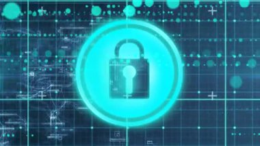 Mavi arka planda veri işleme ve asma kilit animasyonu. dijital arayüz ve veri işleme kavramı dijital olarak oluşturuldu.