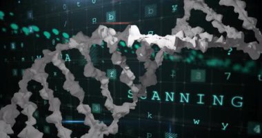 Siyah arka planda veri işleme ve DNA iplikçiklerinin animasyonu. küresel teknoloji ve dijital arayüz kavramı dijital olarak oluşturulmuş video.