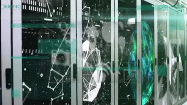 Bilgisayar sunucuları üzerinden bağlantı ağının animasyonu. küresel ağlar, hesaplama, veri işleme ve dijital arayüz kavramı dijital olarak oluşturuldu.