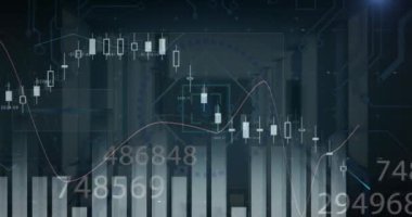 Sunucu odasında finansal veri işleme ve tarama animasyonları. küresel iş, finans ve dijital arayüz kavramı dijital olarak oluşturulmuş video.