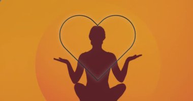 Kalp üzerinde meditasyon yapan kadın siluetinin animasyonu. Dijital olarak oluşturulmuş meditasyon ve dijital arayüz kavramı.
