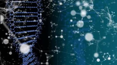 Siyah arka planda veri işleme ve DNA iplikçiklerinin animasyonu. küresel bilim ve dijital arayüz kavramı dijital olarak oluşturulmuş video.
