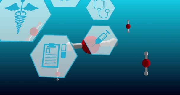 Animación Iconos Médicos Moléculas Sobre Fondo Azul Concepto Global Ciencia — Vídeo de stock