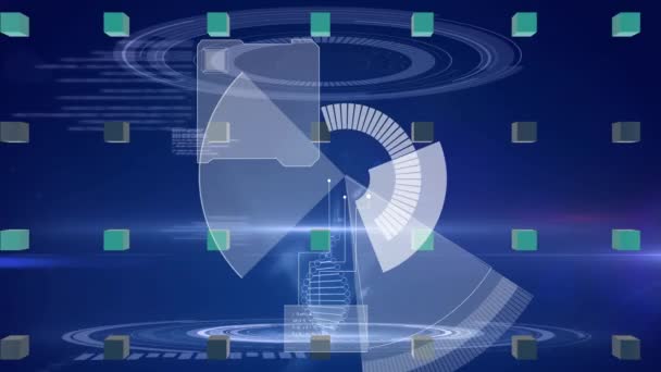 Dna鎖上のスコープスキャンと青の背景でのデータ処理のアニメーション 世界中の科学技術とデジタルインターフェースの概念がデジタルで生成されたビデオ — ストック動画