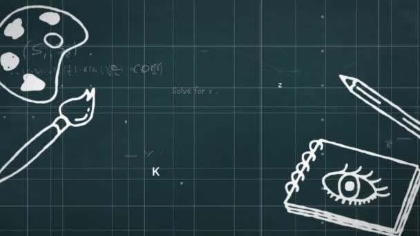Анимация Иконок Над Математическими Уравнениями Черном Фоне Глобальное Образование Наука — стоковое видео