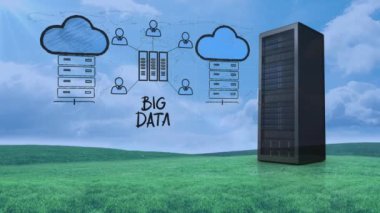 İş konsepti simgesi ve bilgisayar sunucusu çimen ve mavi gökyüzü manzarasına karşı. iş verileri ve bulut depolama teknolojisi kavramı