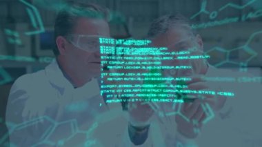 Animation of scientific data over caucasian male scientists in laboratory. global science, research and data processing concept digitally generated video.