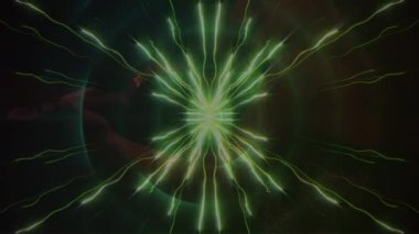 Siyah arka planda keman çalan kadın müzisyen üzerinde yeşil dijital dalgalar. gece hayatı ve disko konsepti