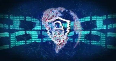 Mavi arka planda veri işleme ve küre animasyonu. küresel teknoloji ve dijital arayüz kavramı dijital olarak oluşturulmuş video.