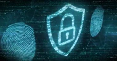 Siyah arka planda veri işleme ve asma kilit animasyonu. dijital arayüz ve veri işleme kavramı dijital olarak oluşturuldu.