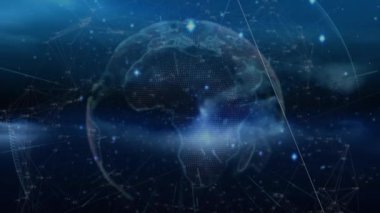 Donanma arkaplanındaki dünya ve bağlantıların animasyonu. küresel bağlantılar, veri işleme ve teknoloji konsepti dijital olarak oluşturulmuş video.