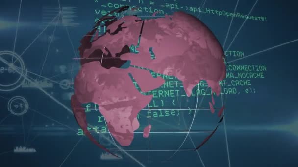 Animation Der Globusdrehung Über Der Datenverarbeitung Auf Marinehintergrund Datenverarbeitung Verbindungen — Stockvideo