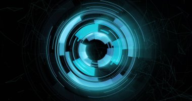 Siyah arkaplanda tarama yapan dürbün görüntüsü. çevrimiçi siber güvenlik, veri işleme, dijital arayüz ve dijital olarak oluşturulmuş görüntü hesaplama kavramı.
