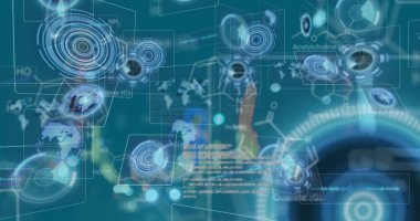 Yol üzerinde şekil ve veri işleme resimleri. küresel iş ve dijital arayüz kavramı dijital olarak oluşturulmuş görüntü.