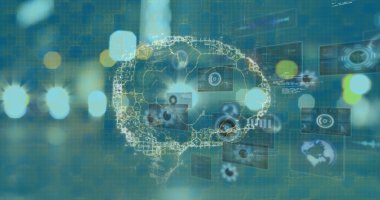 Yol üzerinde beyin ve veri işleme görüntüsü. küresel iş ve dijital arayüz kavramı dijital olarak oluşturulmuş görüntü.