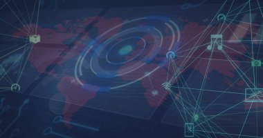 Bağlantı ağlarının görüntüsü, dünya haritası üzerinde tarama. küresel iş, bağlantılar ve veri işleme kavramı dijital olarak oluşturulmuş görüntü.