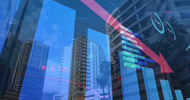 Finansal verilerin ve istatistiklerin şehir arkaplanındaki oklu görüntüsü. dünya işi, finans ve veri işleme kavramı dijital olarak oluşturulmuş görüntü.