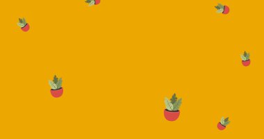 Sarı arka plana düşen pembe çömlek içindeki ev bitkilerinin resmi. iç yaşam ve doğa soyut arayüz arka plan kavramı dijital olarak oluşturulmuş görüntü.
