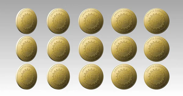 Image Rows Golden Nft Coins Spinning Grey Background Finance Business — Stock Photo, Image