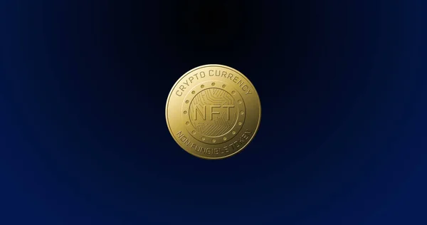 Изображение Золотой Монеты Nft Вращающейся Синем Фоне Финансовая Деловая Денежная — стоковое фото