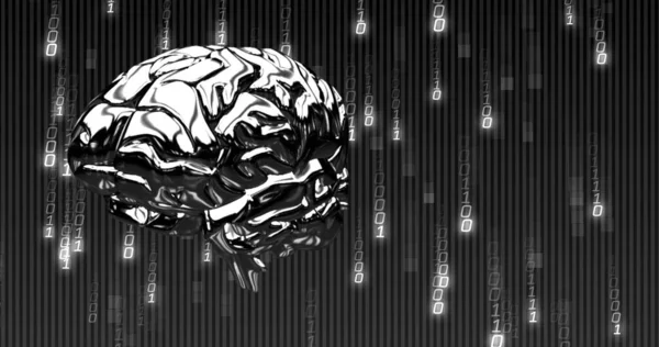 Image of binary coding data processing with spinning human brain over black background. data processing, digital interface and computing concept digitally generated image.