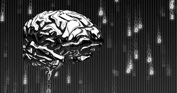 黒い背景の上に人間の脳を回転させるバイナリコーディングデータ処理のイメージ データ処理 デジタルインターフェース コンピューティングの概念デジタル生成された画像 — ストック写真