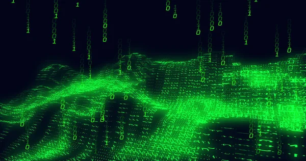 Image of green binary coding data processing over waving on black background. data processing, digital interface and computing concept digitally generated image.