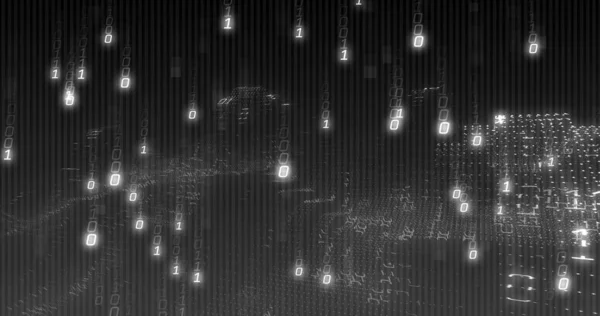 Image of binary coding data processing over waving on black background. data processing, digital interface and computing concept digitally generated image.