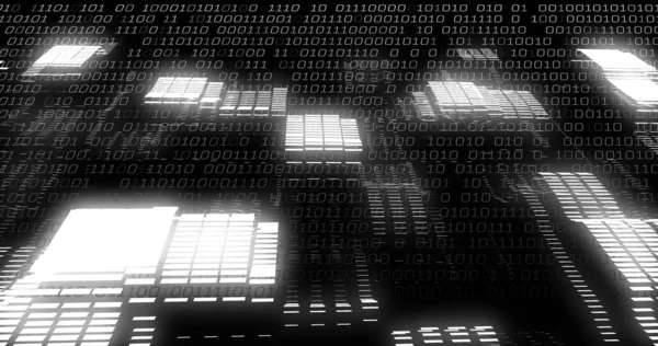 Image of binary coding data processing over screens on black background. data processing, digital interface and computing concept digitally generated image.