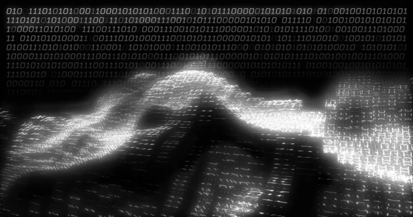 Image of binary coding data processing over waving on black background. data processing, digital interface and computing concept digitally generated image.