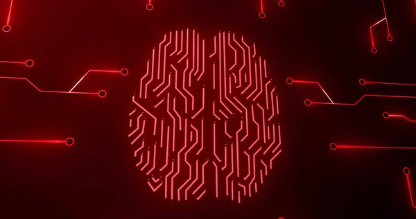 Image of red glowing human brain with computer mother board circuit over black background. online identity, data processing, digital interface and computing concept digitally generated image.