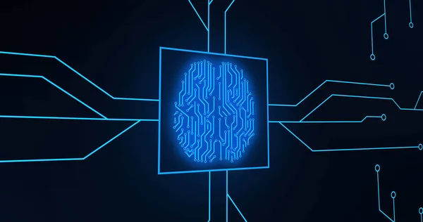 Imagem Cérebro Humano Brilhante Azul Com Circuito Placa Mãe Computador — Fotografia de Stock