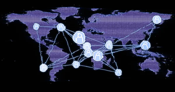 Beeld Van Netwerk Van Verbindingen Met Mensen Pictogrammen Wereldkaart Zwarte — Stockfoto