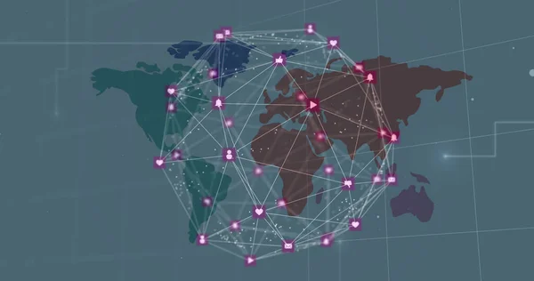 Image of globe of connections over world map. global business, finances, connections and data processing concept digitally generated image.