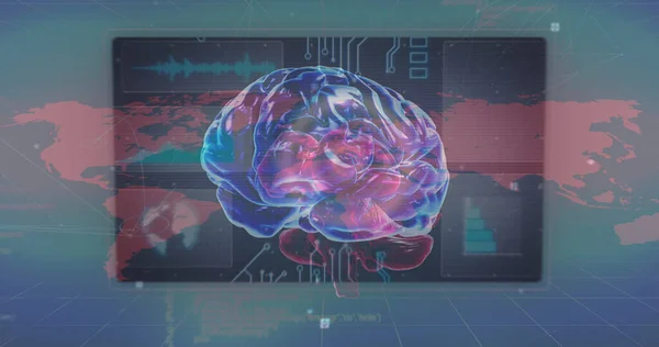 Obraz Ludzkiego Mózgu Przetwarzanie Danych Mapie Świata Globalna Nauka Biznes — Zdjęcie stockowe