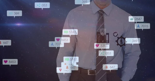 Image of social media icons and numbers over businessman on purple background. global social media, connections and digital interface concept digitally generated image.