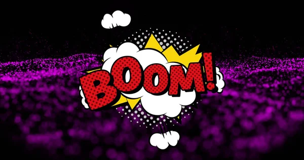 Image of boom text over purple dots on black background. social media and communication interface concept digitally generated image.