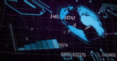 Karanlık arka planda finansal veri işleme animasyonu. küresel bağlantılar, veri işleme ve dijital arayüz konsepti dijital olarak oluşturulmuş video.